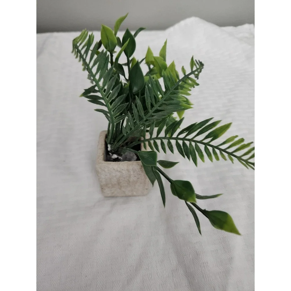 Small Artificial Green Foliage Plant in Square Stone Look Pot Faux Greenery